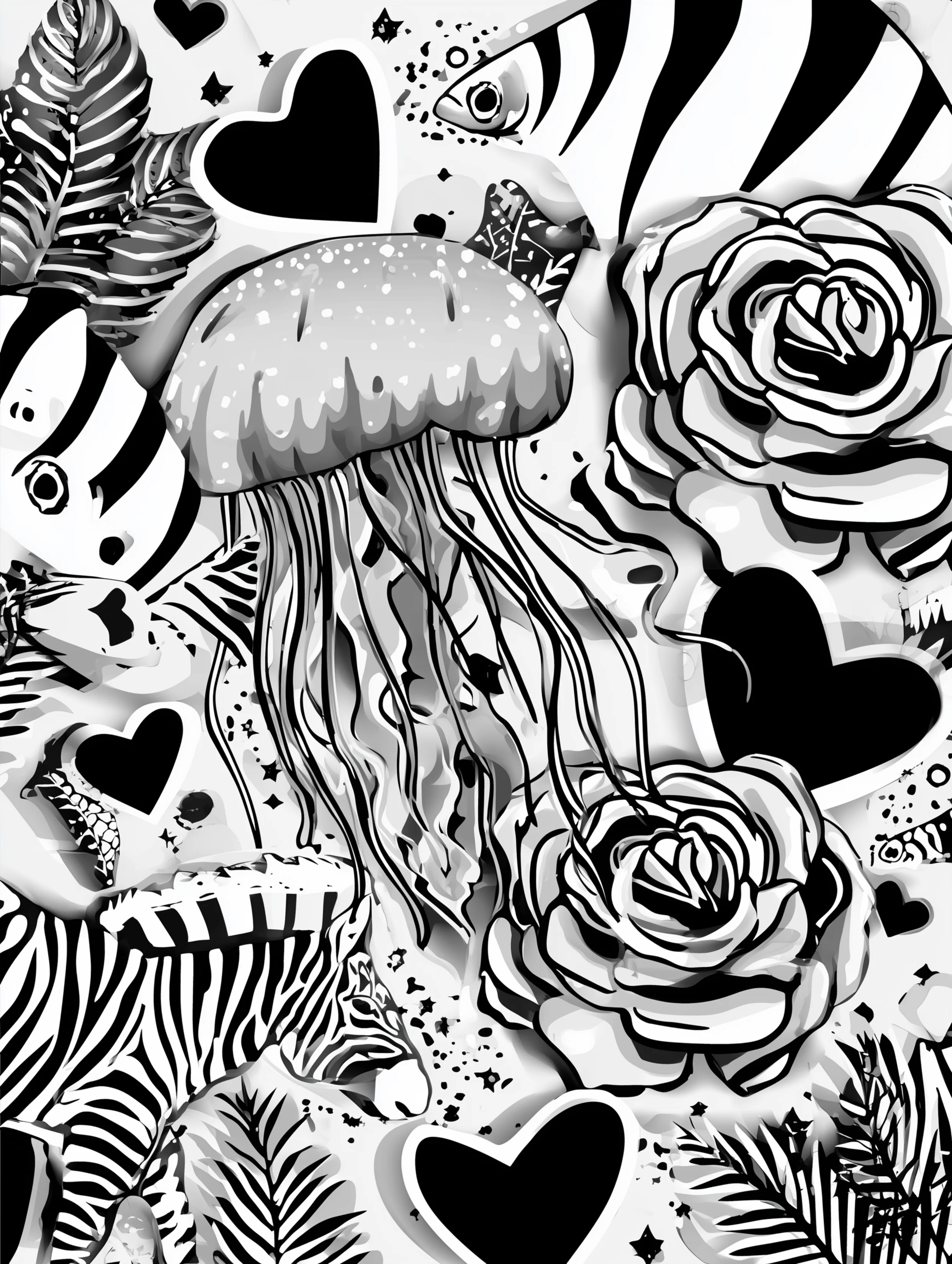 Free printable jellyfish coloring page for adults featuring jellyfish and heart shapes